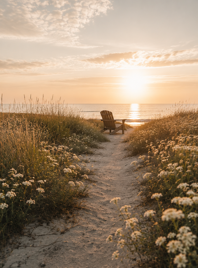 A sandy pathway through tall grass and white flowers leading to a wooden bench on a beach at sunset, with the sun near the horizon and a partly cloudy sky.