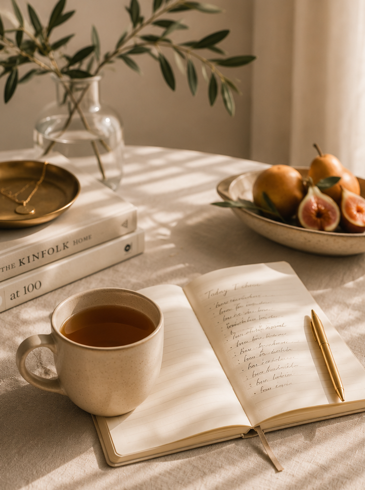 A cozy table with a cup of tea, an open notebook with handwritten notes, a gold pen, a bowl of pears, a glass vase with greenery, and books in soft sunlight.
