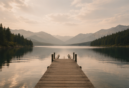 A wooden pier extends into a calm lake surrounded by mountains and forest, under a cloudy sky.