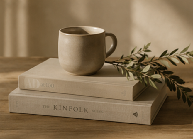 A beige ceramic mug placed on two stacked neutral-colored books with a sprig of green leaves beside it, on a wooden surface.