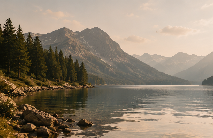 Scenic view of a mountain lake with calm water, surrounded by pine trees and mountains in the background during sunset or sunrise.