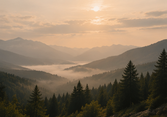 Sunrise over a foggy mountain landscape with dense pine forests.