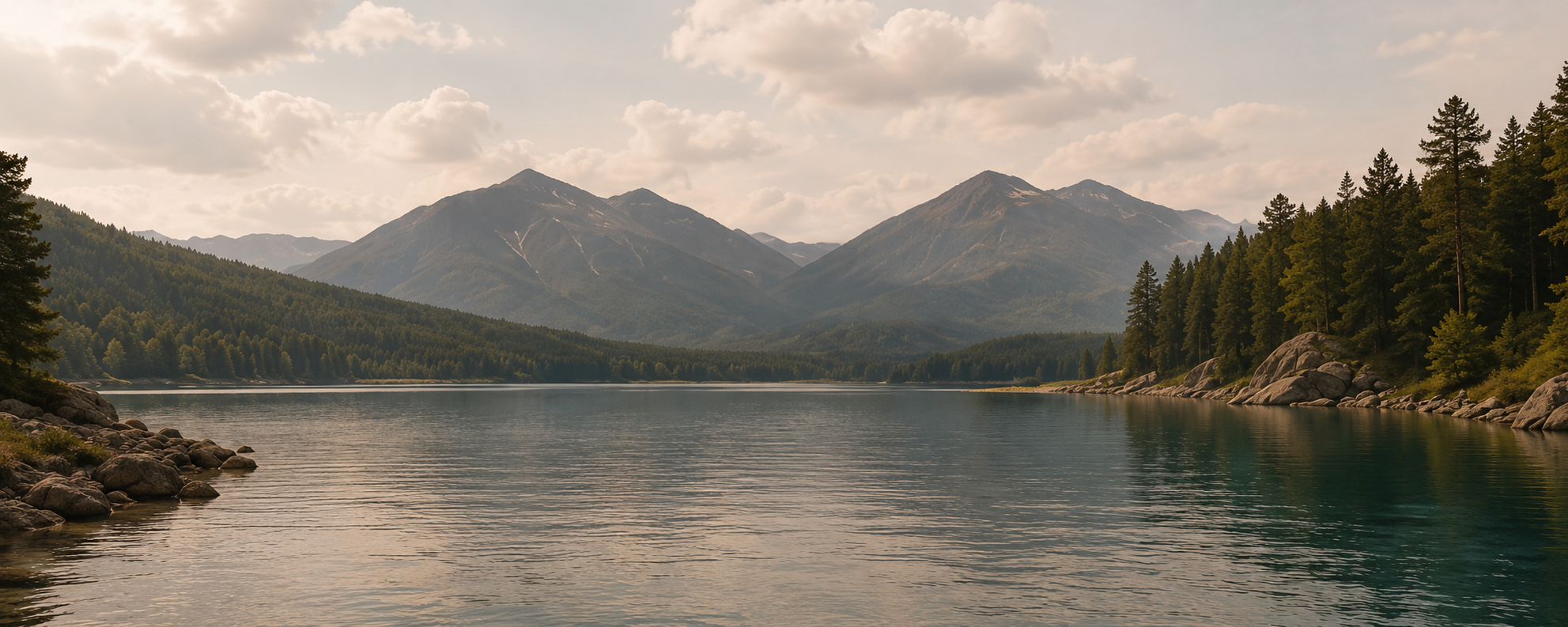Scenic view of a peaceful lake surrounded by forested mountains and a cloudy sky.