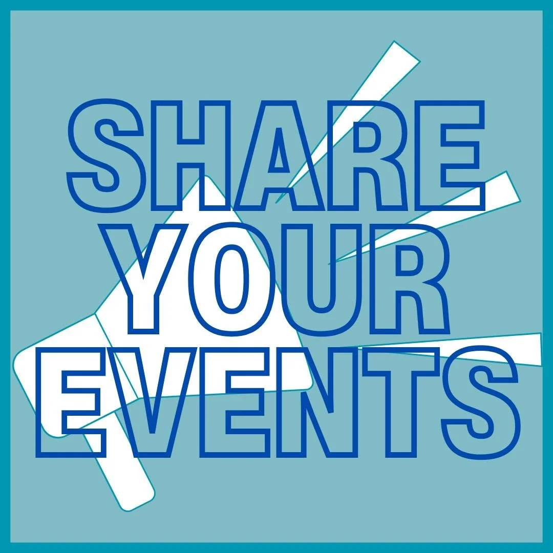 A light blue background with the bold text 'SHARE YOUR EVENTS' in dark blue and outlined in light blue. Behind the text, there are white event or party icons with a slight shadow effect.