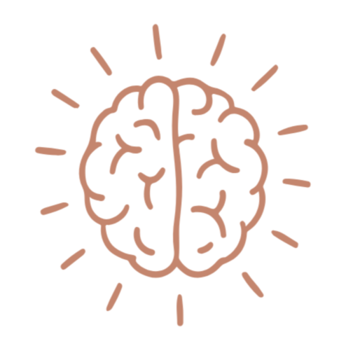 Line drawing of a brain with rays emanating from it, symbolizing ideas or creativity.