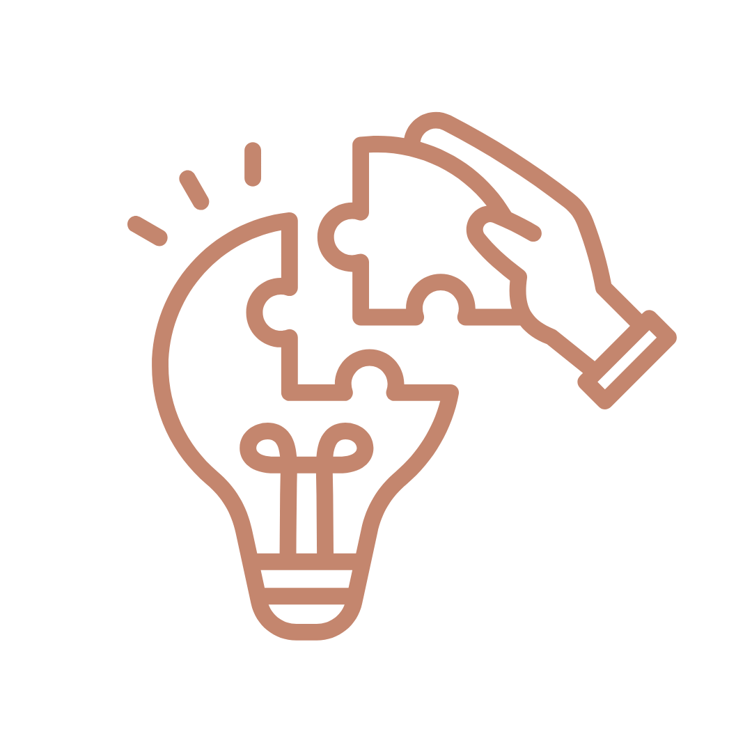Outline graphic of a hand assembling puzzle pieces inside a light bulb, symbolizing ideas or innovation.