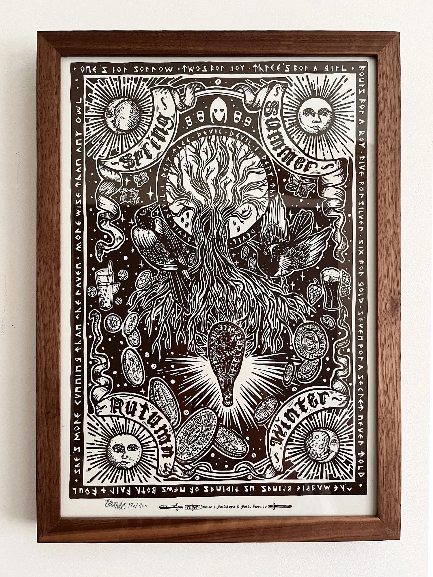 Black and white artwork with a tree, birds, and various symbols, surrounded by text and framed in wlanut wood.