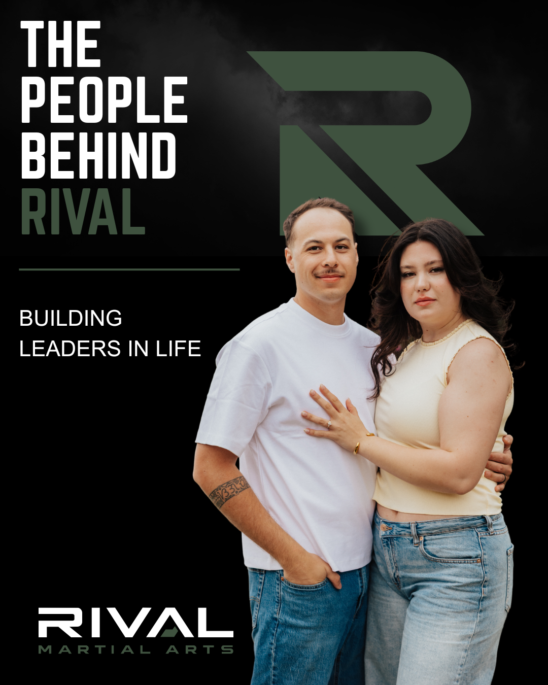 A man and woman standing close together, with the man wearing a white t-shirt and jeans, and the woman wearing a cream top and jeans, in front of a black background with text about Rival martial arts.