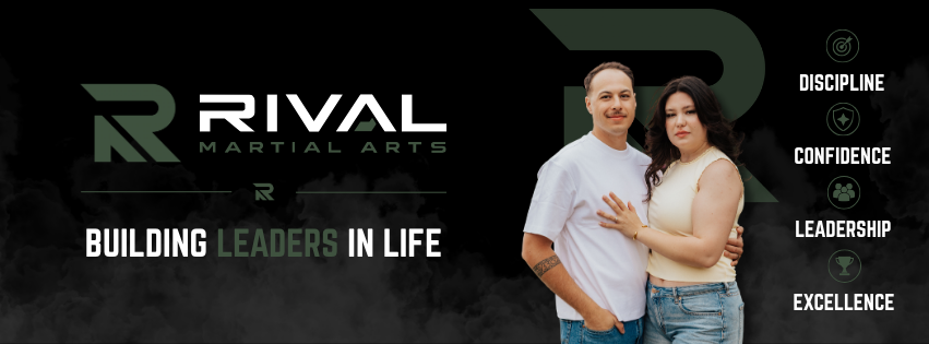 A promotional banner for Rival Martial Arts featuring a couple standing together, with the text emphasizing discipline, confidence, leadership, and excellence.