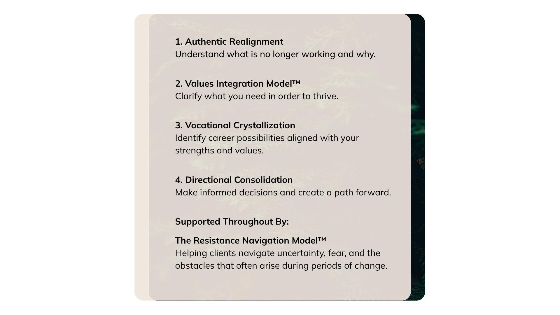 A presentation slide with a beige background and black text, listing four points under headings: 'Authentic Realignment', 'Values Integration Model', 'Vocational Crystallization', and 'Directional Consolidation'.