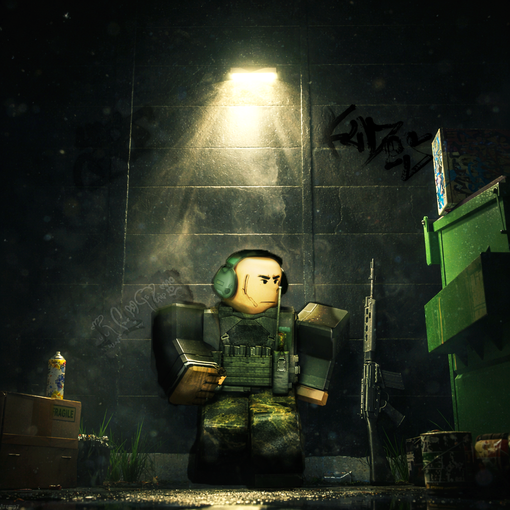 A toy soldier figure with a serious expression, wearing a headset and camouflage pants, stands in a gritty, dimly lit room with graffiti, boxes, and a rifle.