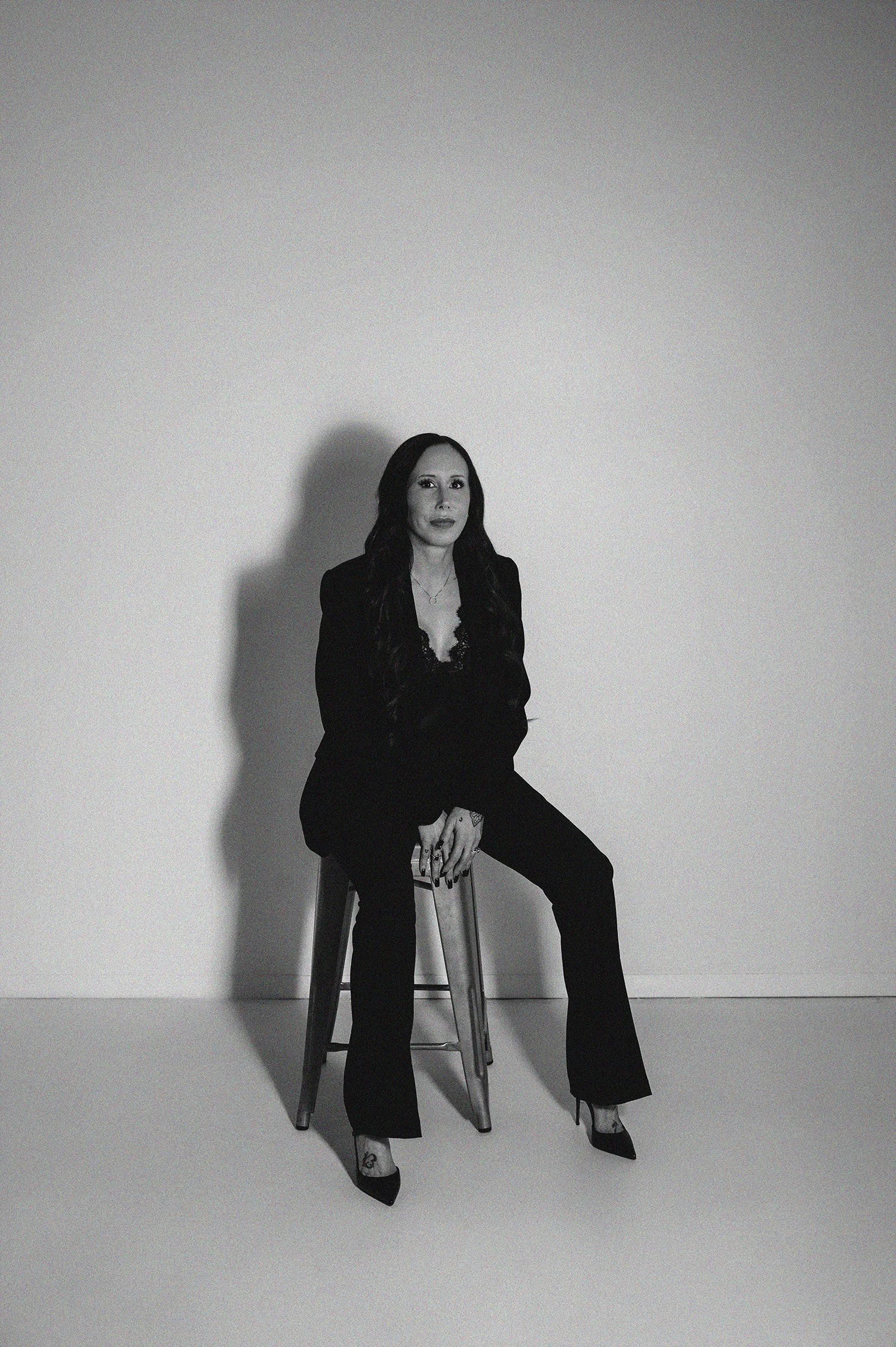 Black and white editorial photo of Tamara Rhodes