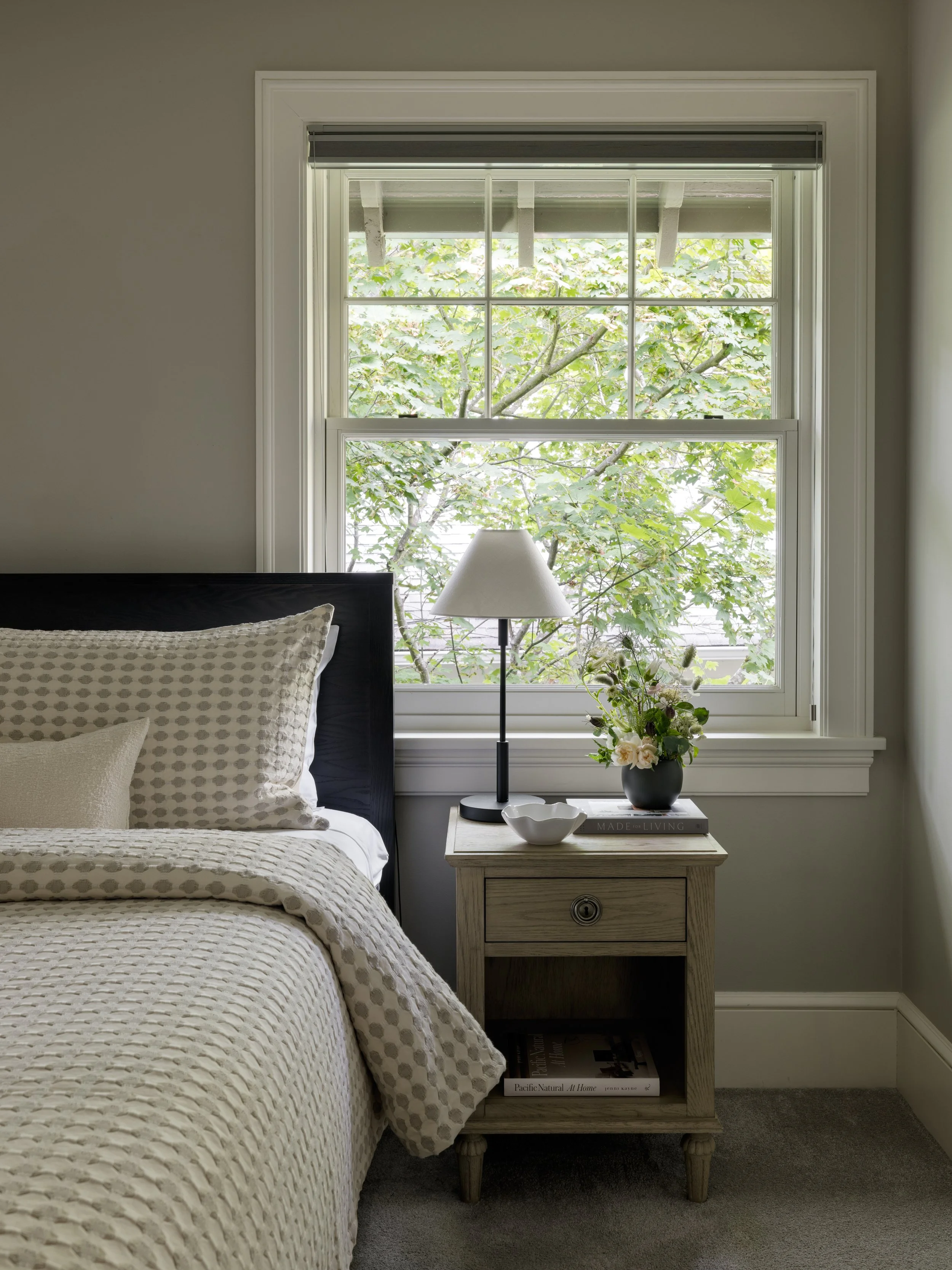 Queen Anne Craftsman, RH nightstand, Visual comfort lamp, crate & barrel bedding; muted tones, textured and layered