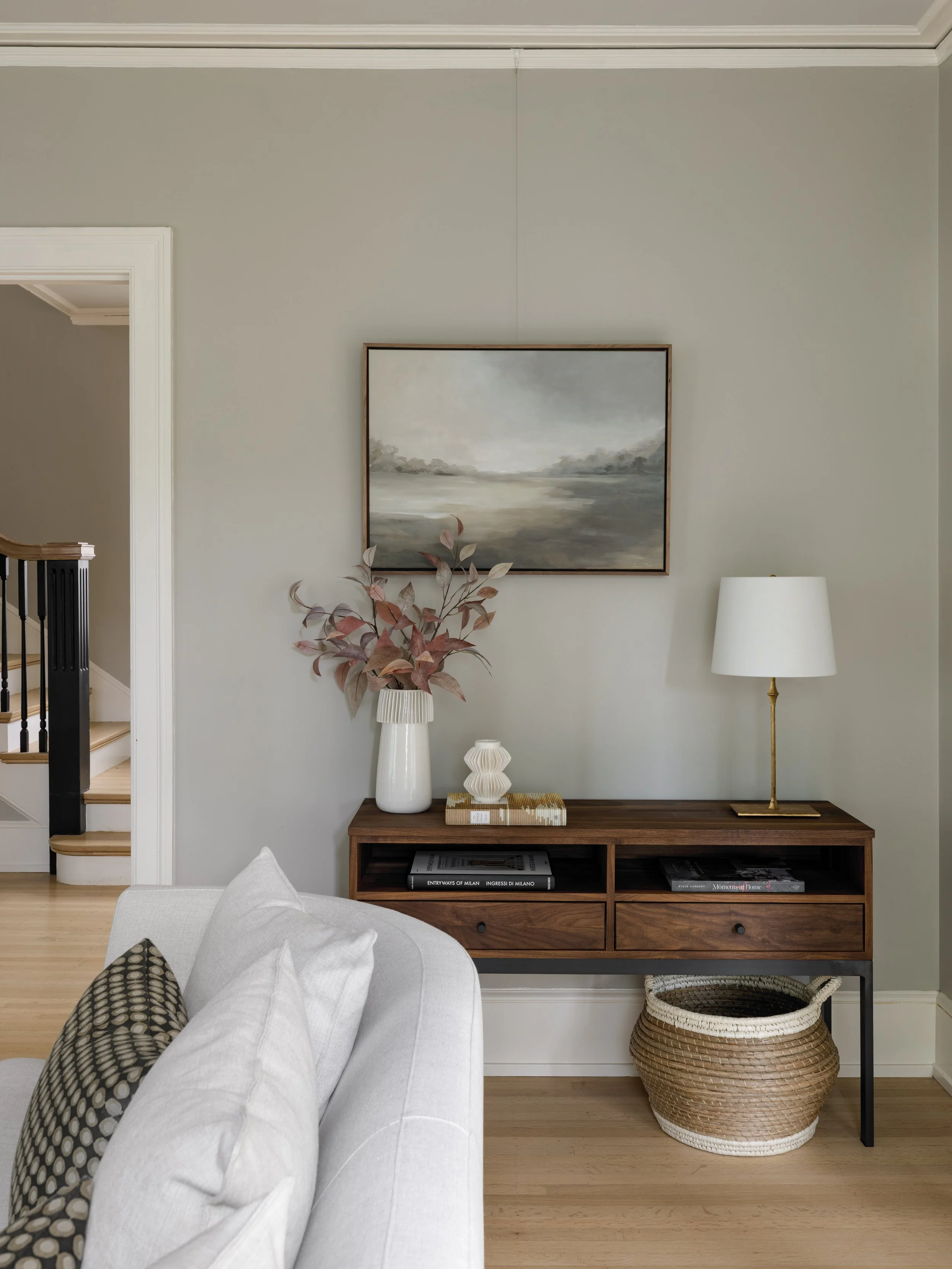 Queen Anne craftsman, walnut console room & board, four hands art, layered, textured, contemporary yet timeless