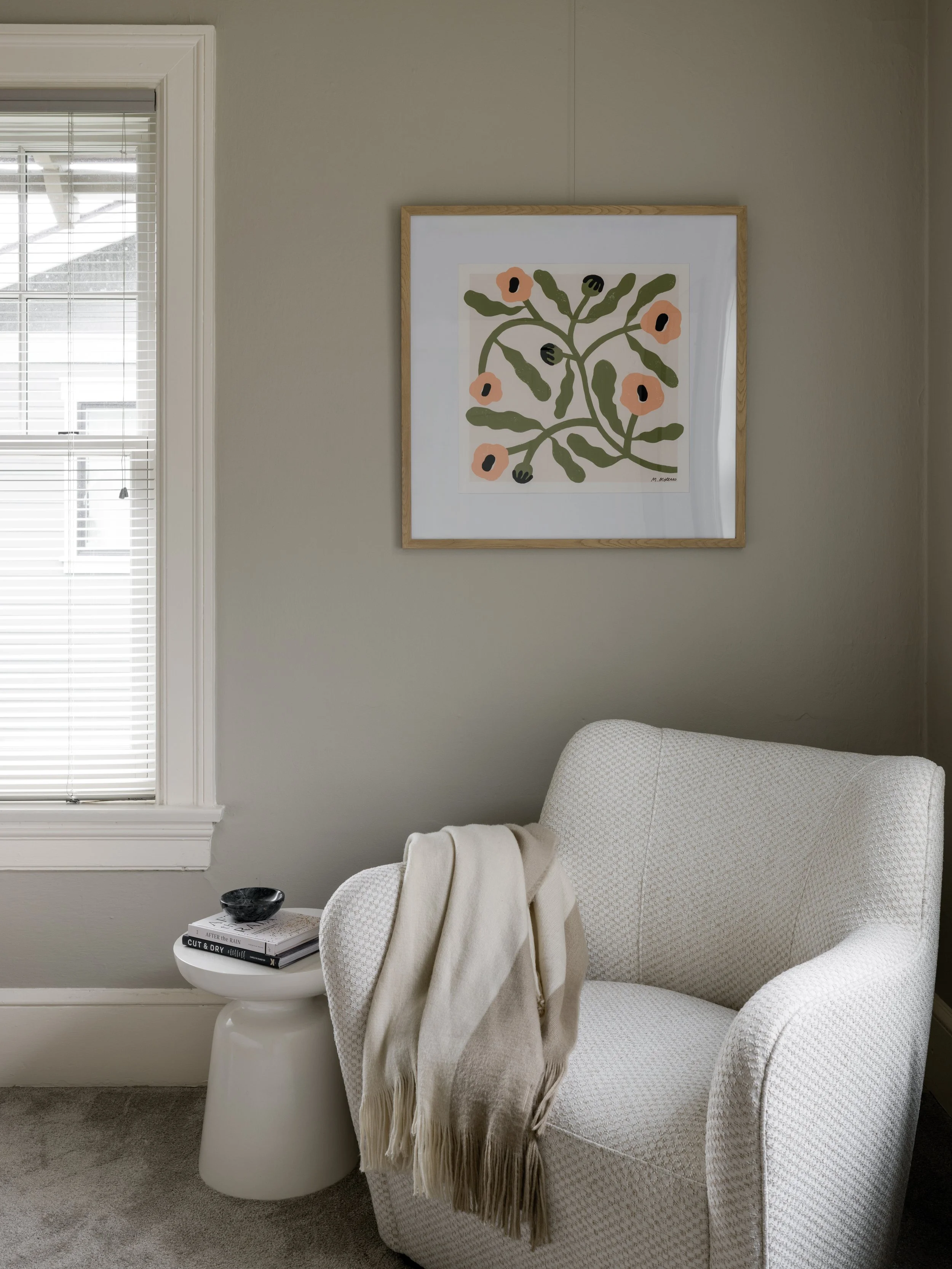 Queen Anne Craftsman; room & board chair that is layered and textured; Scandinavian art