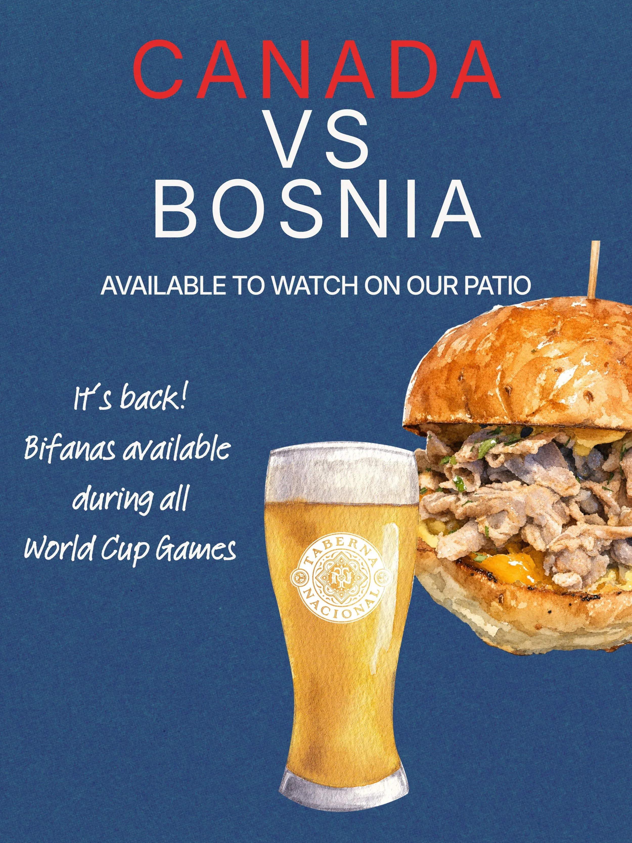 Kickoff is at 3:00 PM. 🇨🇦⚽

Join us on the patio as Canada takes on Bosnia. Settle in, enjoy the match, and leave the rest to us&mdash;we&rsquo;ll keep the wine flowing, the cocktails cold, and the food coming.

See you at Taberna 💛