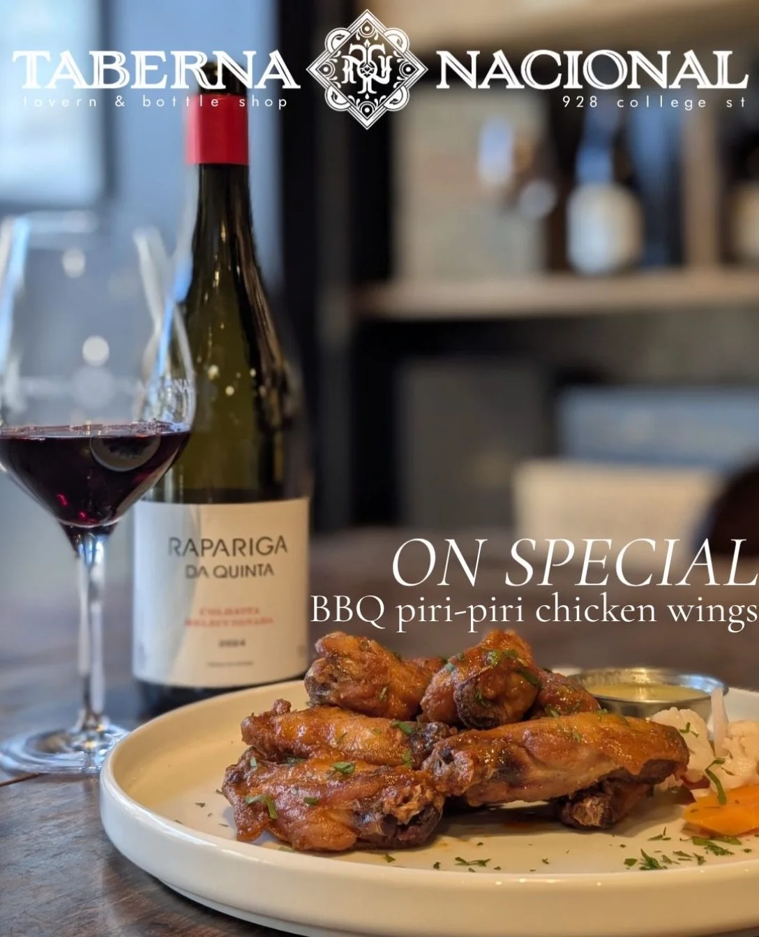 Your favourite wings are back for this weekend only! Our BBQ Piri-Piri chicken wings are tossed in our housemade sauce, served with pickled veg and our green Piri Piri sauce, both made in house! Pair it with our newest cellar addition: Rapariga Da Qu