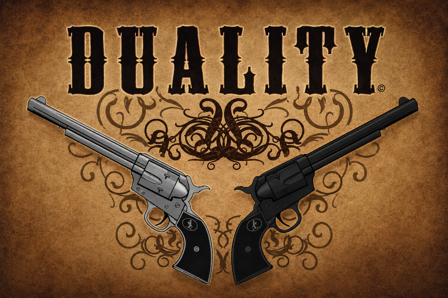 Illustration of two revolvers crossed at the barrels with the word 'DUALITY' above them and decorative swirling patterns on a textured background.