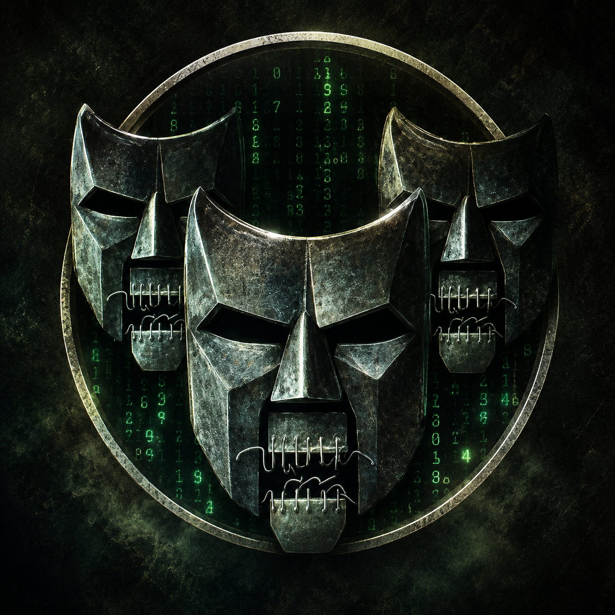 Three metallic skull masks with angular features, set against a dark background with green digital code in the background.