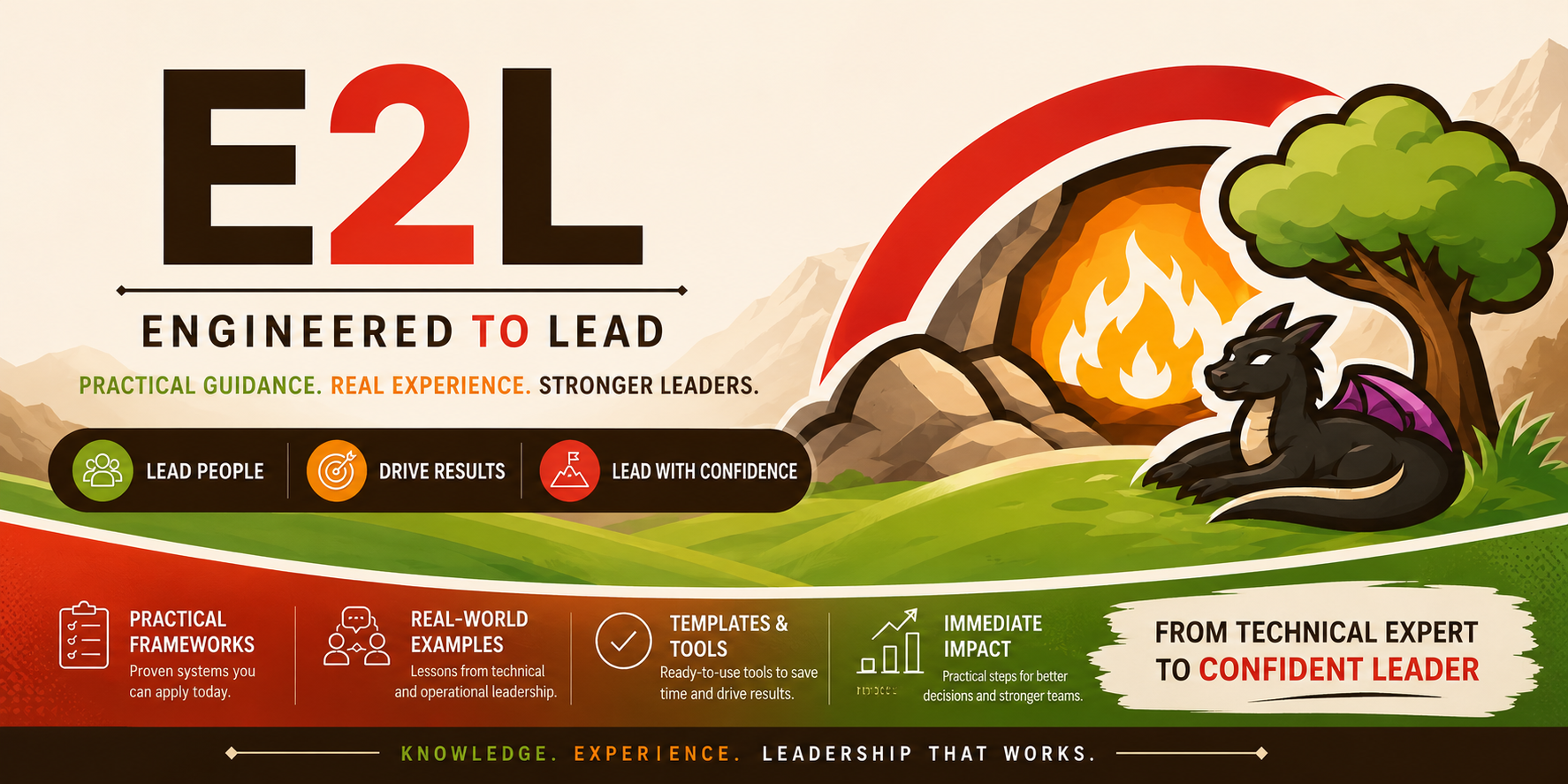 A colorful infographic featuring a mountain landscape with a cave on fire, a tree, and a black dragon with purple wings resting under the tree. The text highlights the E2L leadership program offering practical guidance, real-world examples, templates and tools, and immediate impact, emphasizing leadership from technical expertise to confident leadership.