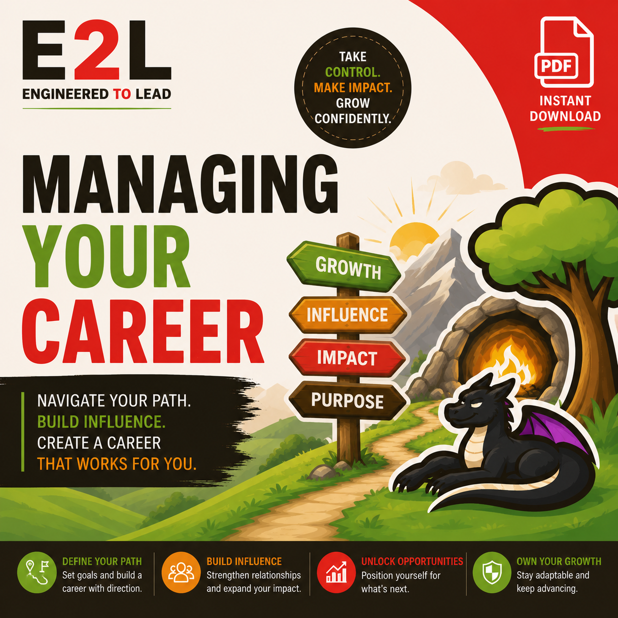 A colorful graphic promoting managing your career, featuring a mountain landscape with sunrise, a signpost with arrows labeled growth, influence, impact, and purpose, and a black dragon resting on a path.