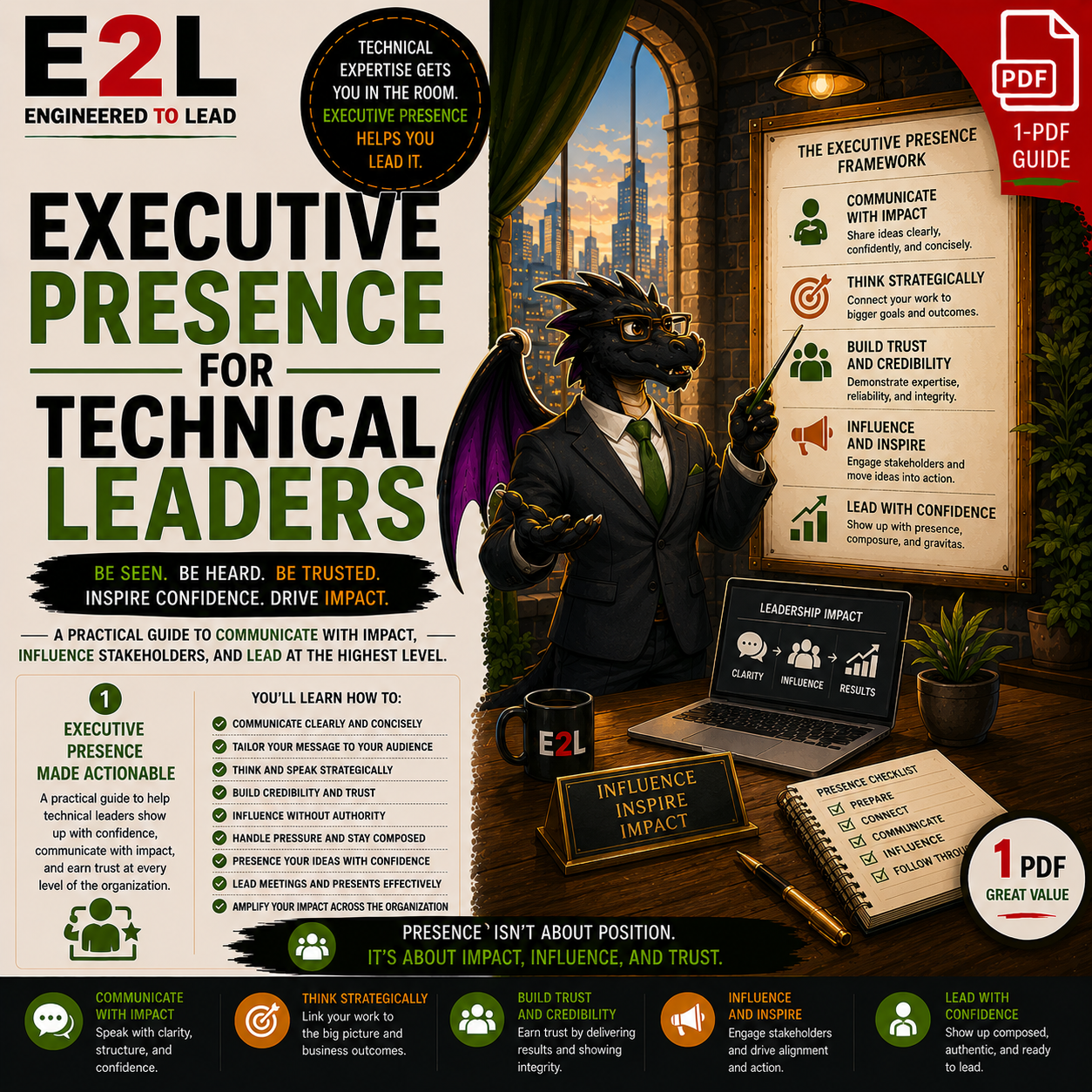 An illustrated guide about being an effective technical leader, featuring a dragon in a business suit with glasses and purple wings, standing in a professional setting with a city skyline view. The guide emphasizes communication, strategic thinking, 