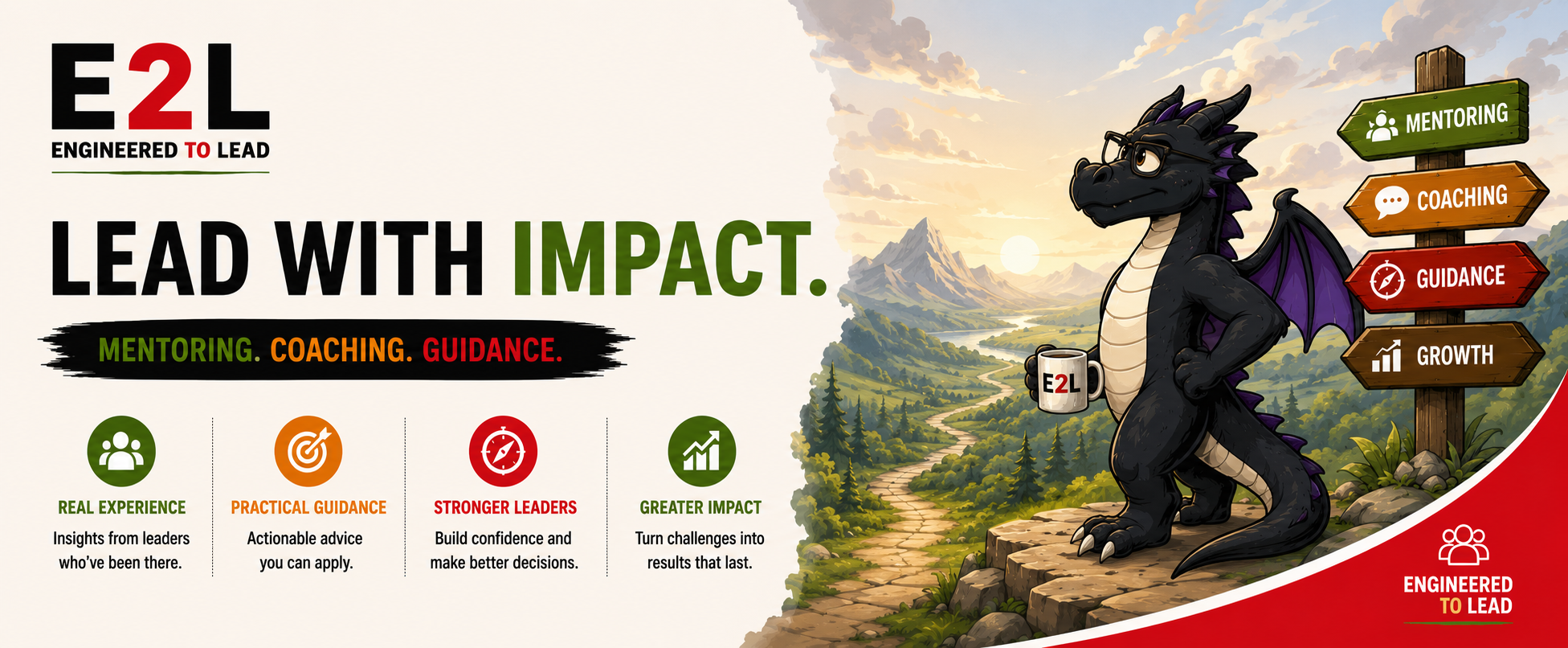 An animated black dragon with purple wings and glasses standing on a mountain trail with a mountain landscape and sunset in the background. The dragon is holding a mug with the E2L logo and surrounded by a signpost with mentoring, coaching, guidance, and growth.