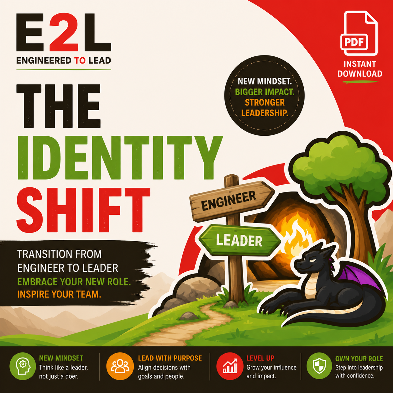 An infographic about transitioning from engineer to leader with a cartoon dragon resting next to a signpost, a tree, and a campfire, emphasizing new mindset and leadership goals.
