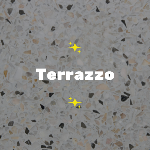Text that says "Terrazzo" over a speckled terrazzo surface with decorative sparkle icons.