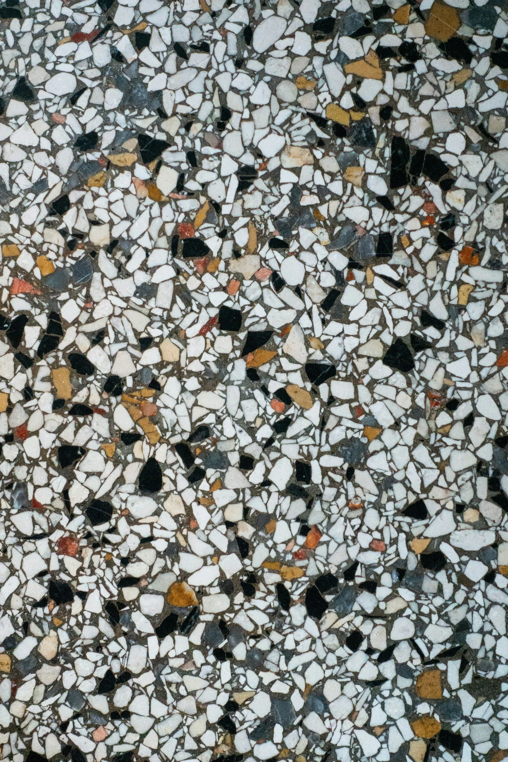 Close-up view of a terrazzo floor made of small, irregularly shaped pieces of marble, granite, quartz, and other stones in white, black, brown, and gray colors.