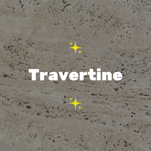 Text reading 'Travertine' on a textured stone background with decorative sparkles.