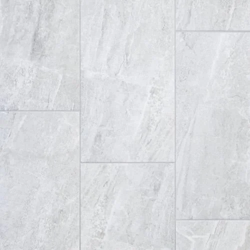 Light gray textured tile floor with rectangular tiles arranged in a staggered pattern.