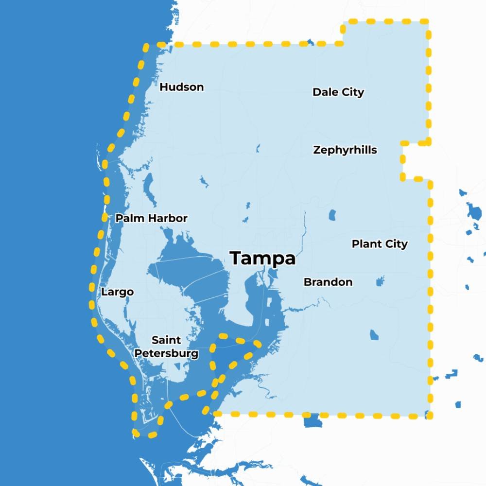 Map of the Tampa Bay area with city names including Tampa, Hudson, Palms Harbor, Largo, Saint Petersburg, Dale City, Zephyrhills, Plant City, Brandon, with a blue water background and a yellow dashed border around the area.