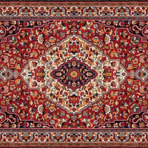 A detailed, colorful Persian-style rug with floral and geometric patterns in red, white, blue, yellow, and black.