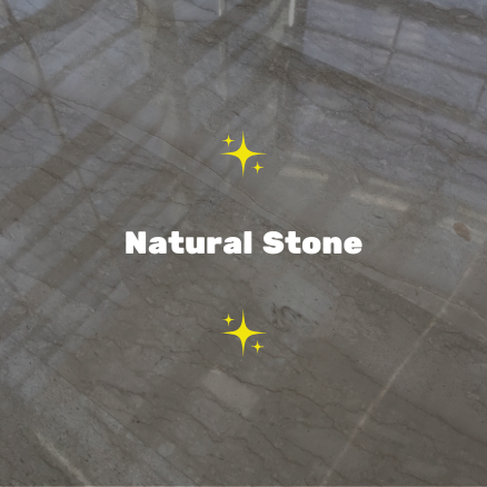 Close-up of a polished natural stone surface with the words 'Natural Stone' and star icons overlayed.