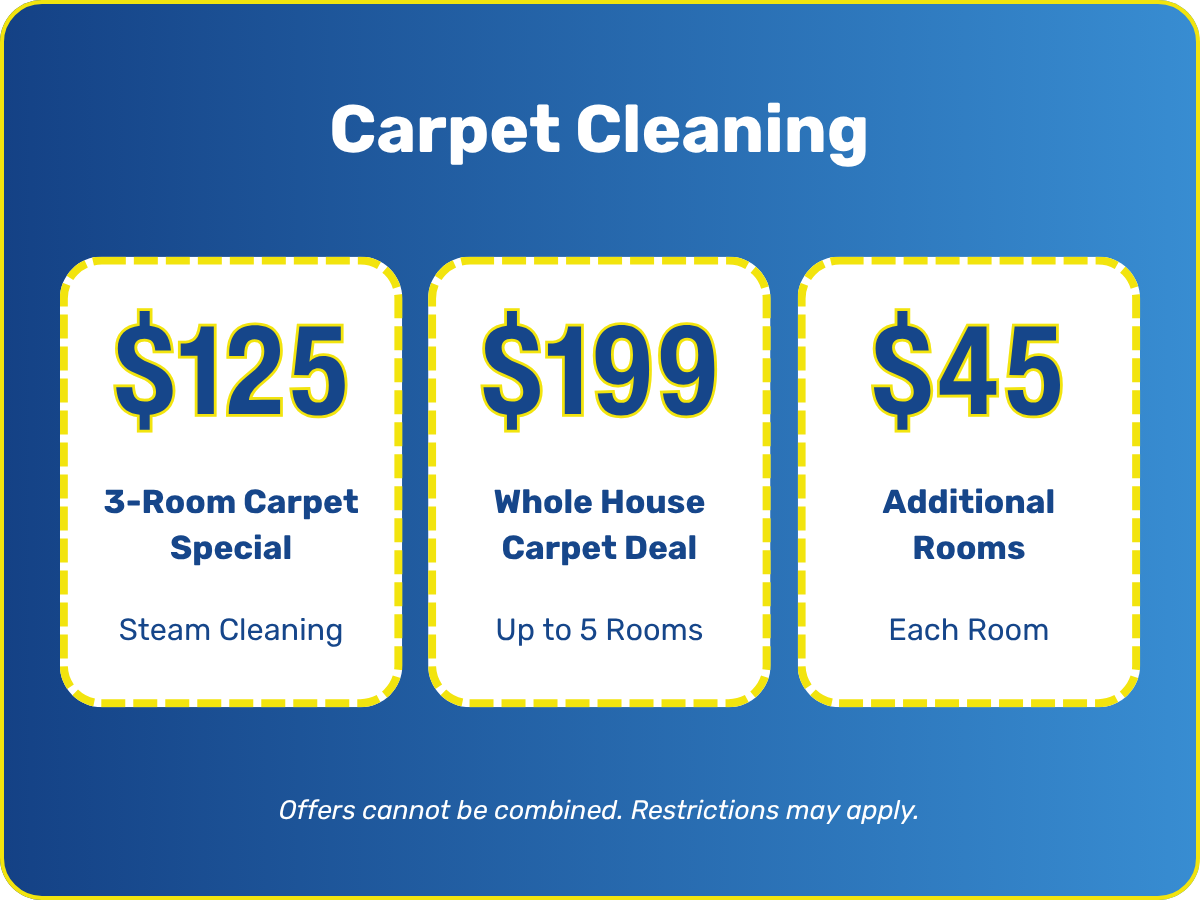 A blue background sign with yellow border displaying three carpet cleaning offers: a $125 3-room carpet special with steam cleaning, a $199 whole house deal for up to five rooms, and a $45 rate for each additional room. Small print notes offers cannot be combined and restrictions may apply.