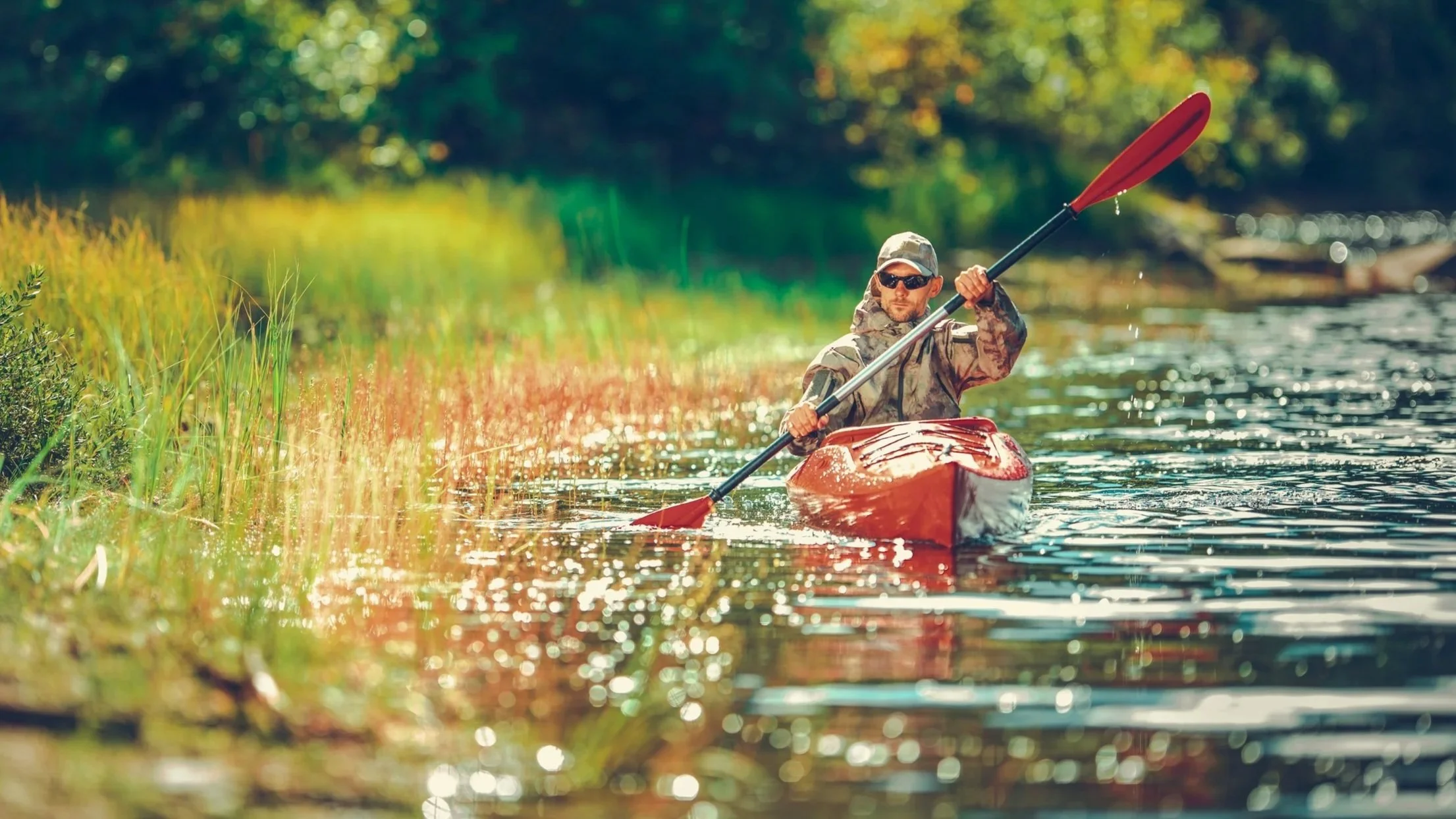 Roam — header photograph. “Man Kayaking on a Lake in Nature” by duallogic. Licensed through Envato Elements.
