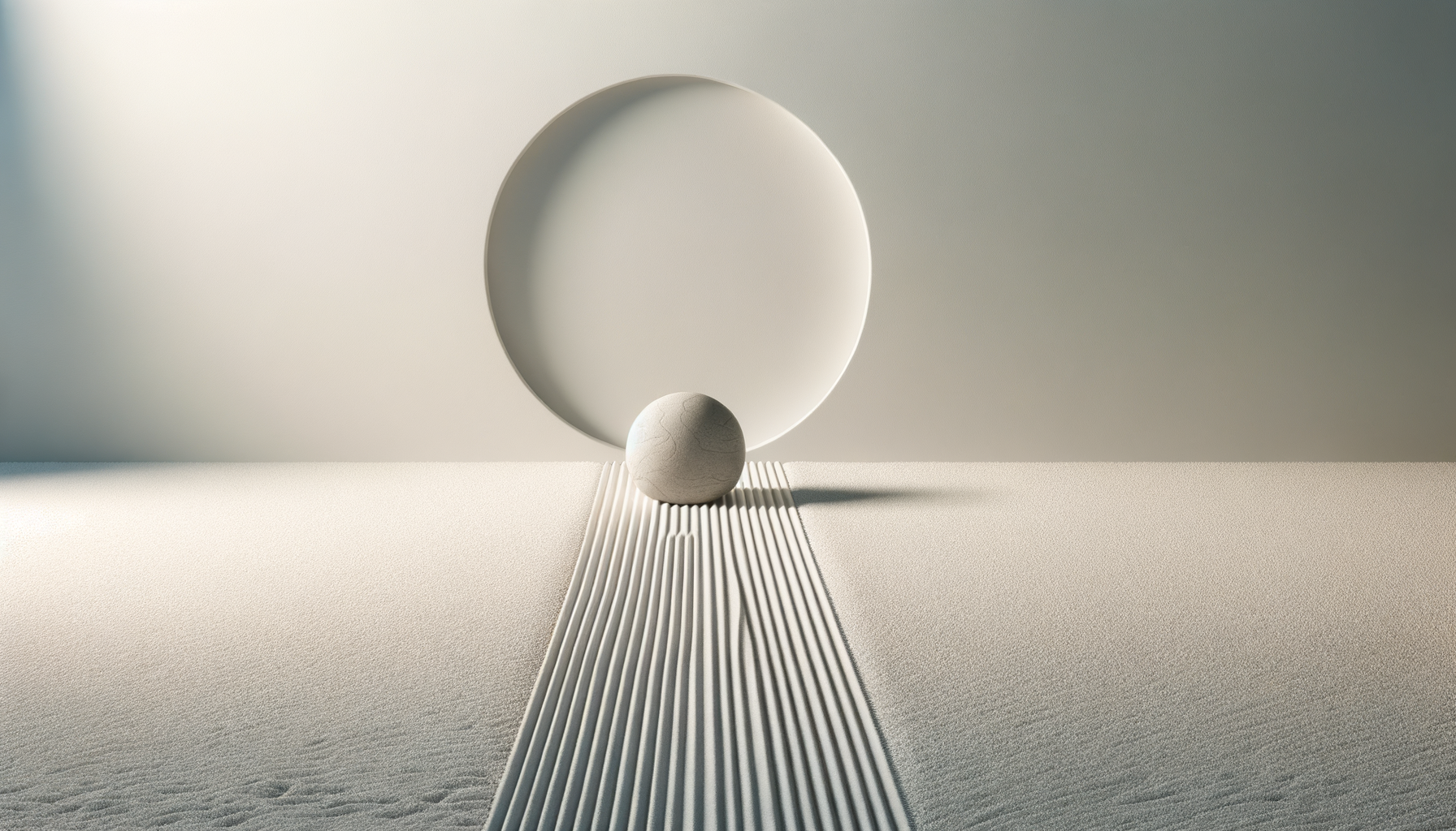Minimalist scene with a textured white sphere in front of a large flat white circular shape, with a textured surface and a road with parallel ridges leading towards the sphere in a monochromatic color scheme.