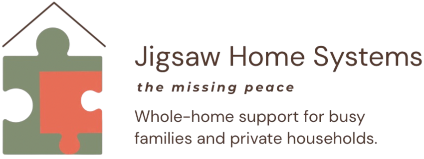 Logo for Jigsaw Home Systems, a whole-home support business, made up of a house made from two puzzle pieces.