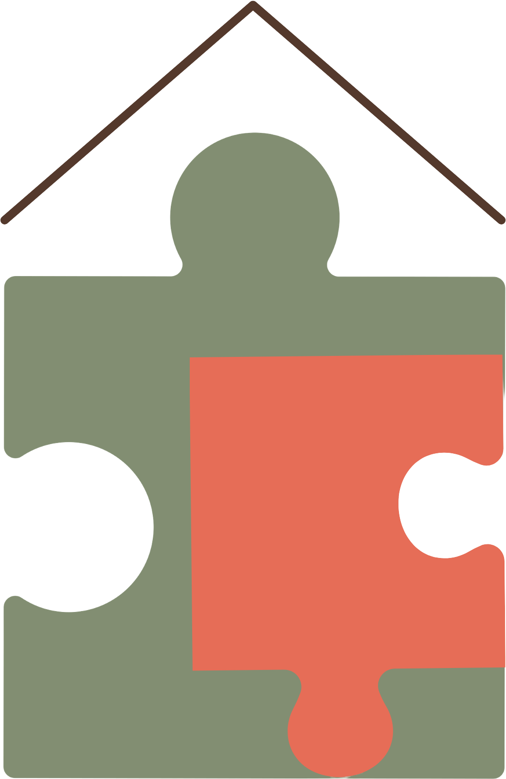A puzzle piece with a silhouette of a person and a house roof above it.