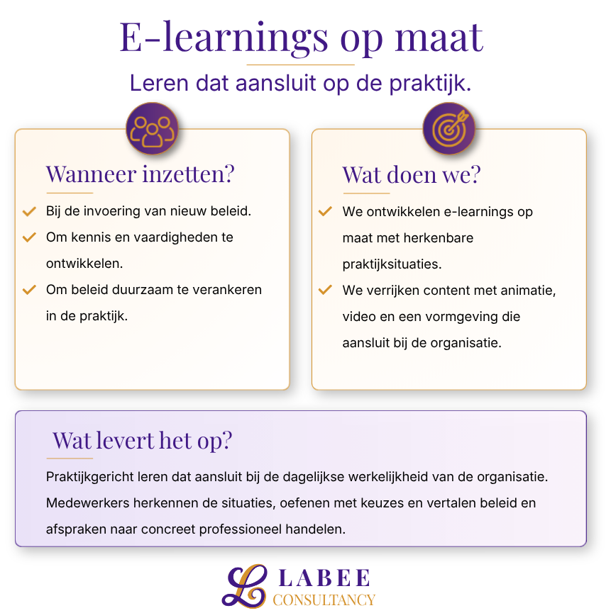 Een infographic over het inzetten van e-learning en praktijkgericht leren, met onderwerpen zoals wanneer en waarom men e-learning moet inzetten, en wat het resultaat is.