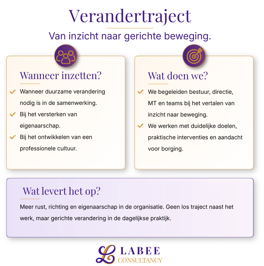 Infografiek in het Nederlands over verandermanagement met drie secties: 'Wanneer inzetten?', 'Wat doen we?', en 'Wat levert het op?', inclusief iconen en een naam onderaan.
