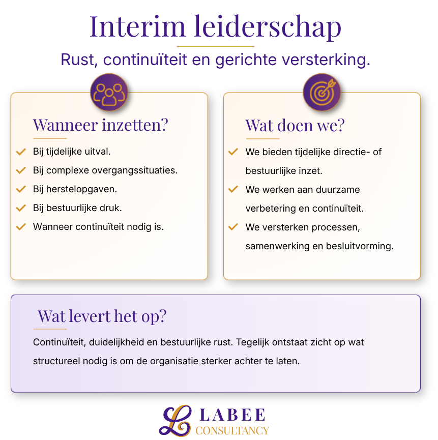 Een infographic met drie secties, waarin wordt uitgelegd wanneer en waarom een organisatie tijdelijke en stabiele inzet nodig heeft, wat ze doen en wat het oplevert. De secties bevatten iconen van mensen, een doel en een muzieknoot.