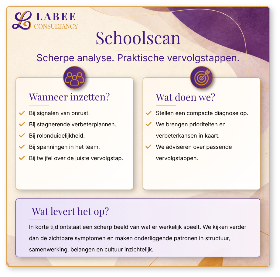 Een poster voor LABEE Consultancy met informatie over de Schoolscan voor scherpe analyse en praktische vervolgstappen, inclusief wanneer in te zetten, wat te doen, en wat het oplevert.