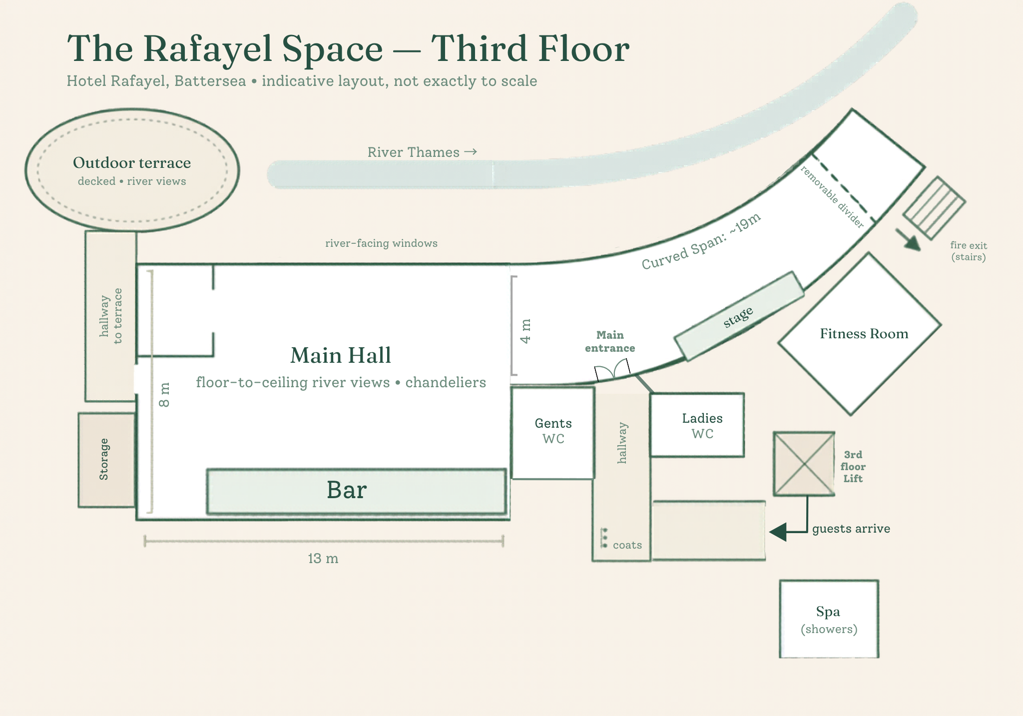 Floor plan of the third floor of The Rafel Space at Hotel Rafayel, Battersea, showing various rooms and areas including outdoor terrace, main hall, bar, fitness room, spa, and stages with labels and dimensions.