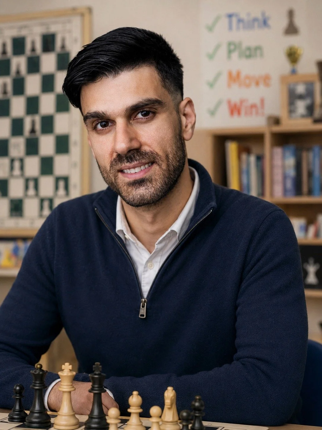 A man with a beard and dark hair sitting at a chessboard in a room with a bookshelf and a whiteboard with a checklist in the background.