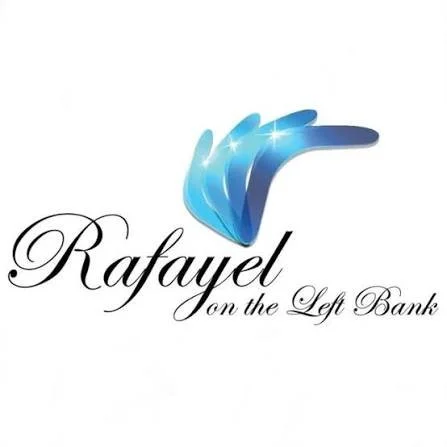 A logo with a blue feather and the text "Rafael on the Left Bank" in black, cursive font.