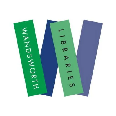 Logo with the words "WANDS WORTH" on a green vertical rectangle, "LIBRARIES" on a light green vertical rectangle, and navy blue and gray shapes in the background.