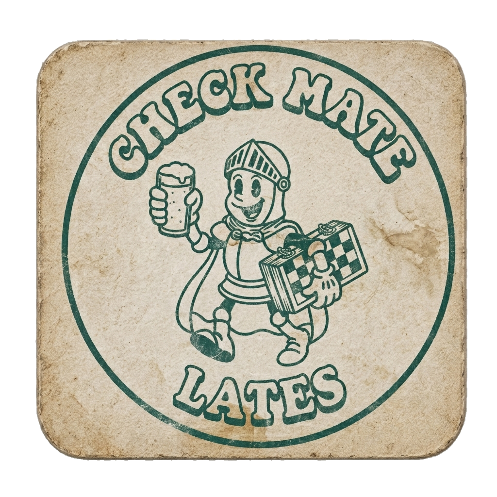 Vintage sign for CheckMate Lates featuring a cartoon knight holding a glass of beer and a chessboard.