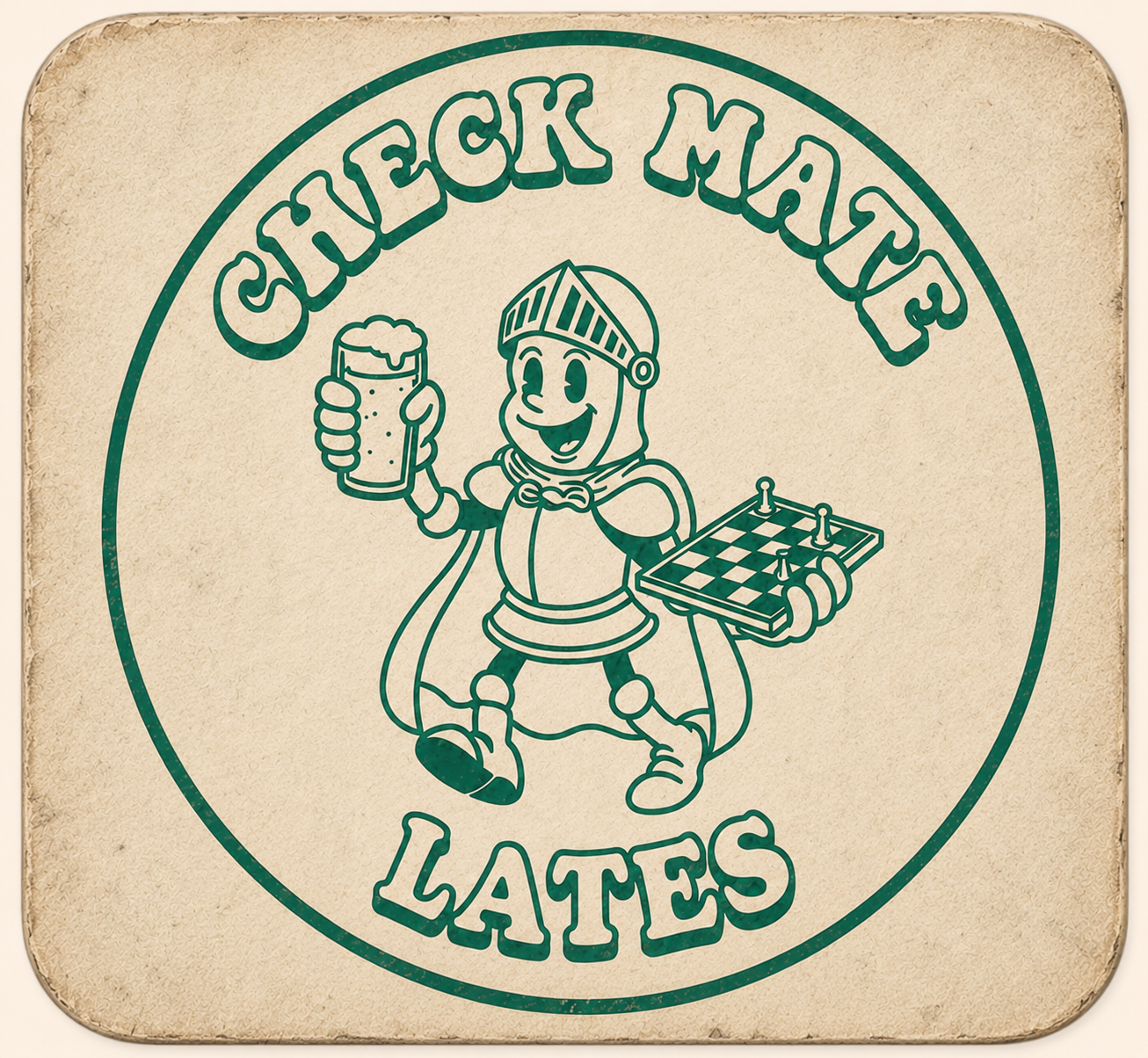 Vintage sign with a cartoon knight holding a mug of beer in one hand and a chessboard in the other, surrounded by the text "CHECK MATE LATES."